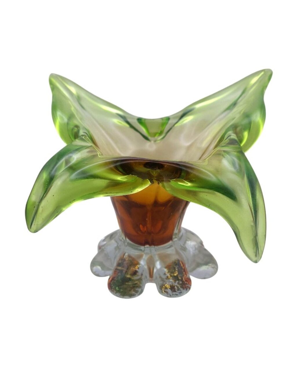 Murano Style Art Glass Vase Hand Blown Floral Shape Amber Green Abstract Vintage